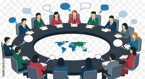 People sit around a table discussing global issues with speech bubbles.