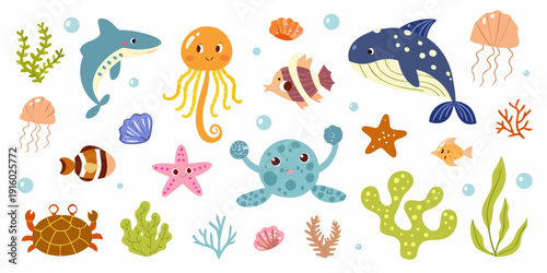 Colorful cartoon illustration of various marine animals and ocean elements