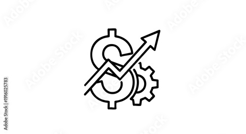 Business growth concept with dollar sign gear and upward arrow on white background