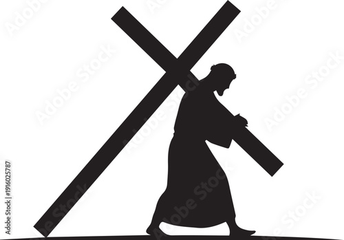 Man carrying large cross vector silhouette illustration depicting religious passion or suffering line art