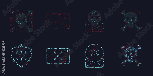 Glitch effect icons of skulls tombs and warning signs in a digital corrupted style