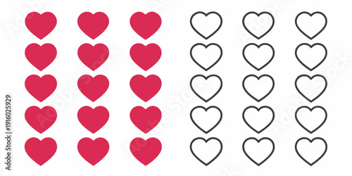 A pattern of red and white hearts arranged in neat columns creating a repeating design