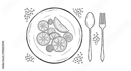 Plate of citrus fruits with spoon and fork illustration.