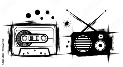 Retro Audio Cassette and Radio Receiver Sketch Illustration.