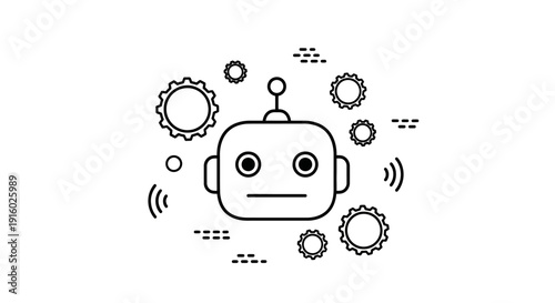 Robot head illustration with gears and communication signals.