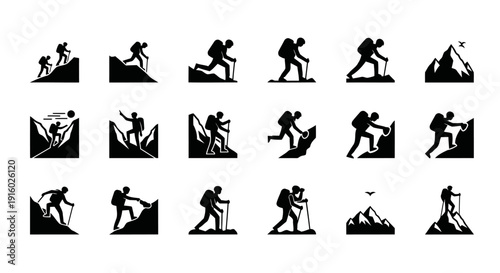 Minimalist black silhouette icon collection featuring twelve distinct human poses inspired by mountain hiking and climbing. The set avoids common heroic clichés and focuses on realistic movement