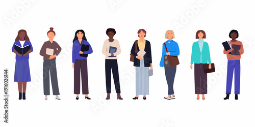 Diverse group of women standing in a row showcasing varied styles and professional attire