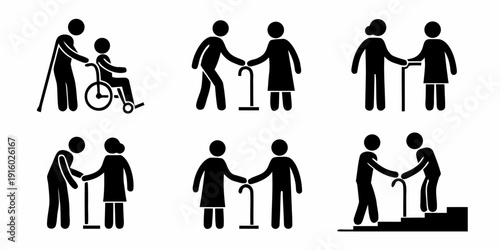 Silhouette icons depicting various people with mobility aids and assistance showing support and care