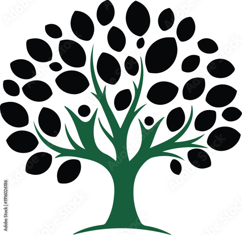 Green tree with black oval leaves and stylized human figures reaching up