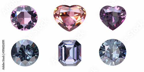 Six faceted gemstones in various shapes and colors including purple pink and blue hues displayed against white