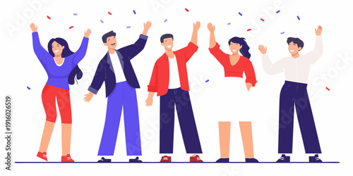 Group of diverse people celebrating success with raised hands and falling confetti