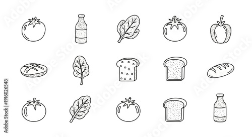 Set of hand drawn food icons including vegetables and bread.