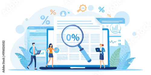 Financial analysis illustration people examining a document with percentage and chart icons