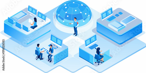 Isometric illustration depicting a modern office network with interconnected workstations and a central digital sphere