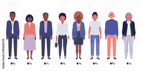 Diverse group of eight people standing in a row showing varied ages ethnicities and professional attire