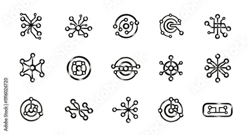 Set of hand drawn technology circuit board icons and network symbols.