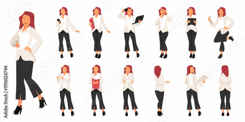 Stylized female businessperson poses a vector illustration depicting various professional stances
