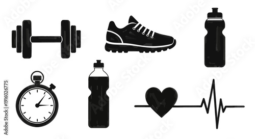 Set of monochrome icons representing fitness and workout activities.