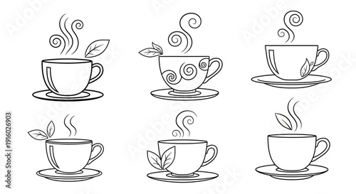 Set of six line art illustrations of steaming cups of tea.