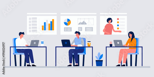 Illustration depicting a modern office setting with team members working and presenting data charts
