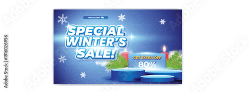 A digital advertisement for a winter sale with a blue background and snowflakes