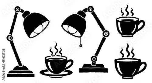 Silhouette of Desk Lamps and Coffee Cups.