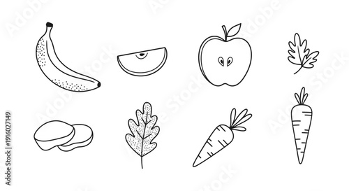 Simple line art illustration of various fruits and vegetables for healthy eating.