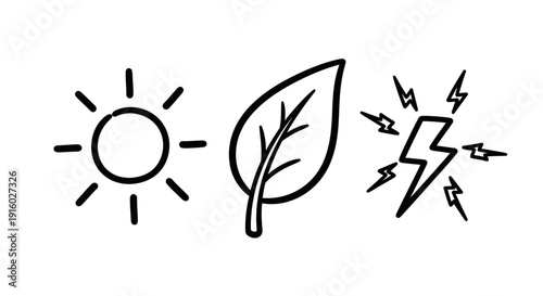 Sun, Leaf, and Lightning Bolt - Renewable Energy Icons.