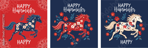 Celebratory Horse Illustrations with Floral Patterns in Various Colors and Happy Birthday Text