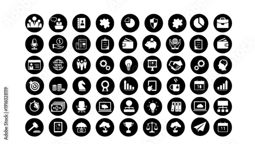 Professional round icon collection featuring business management, reports, targets, teamwork, finance, and productivity symbols