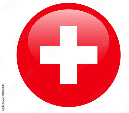 Swiss flag represented as a shiny red circular emblem with a bold white cross, symbolizing neutrality and health.