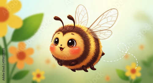 Happy Cartoon Bee Flying Near Yellow Flowers in Garden