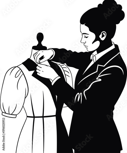 Fashion designer measuring fabric on mannequin, tailoring and dressmaking in studio, elegant vector illustration