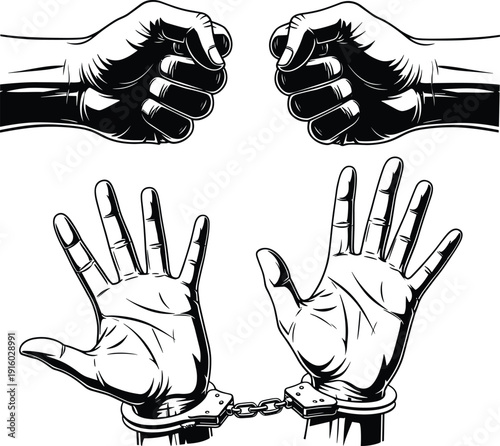 Handcuffed Hands and Clenched Fists Protest Symbol Black and White Vector Illustration Human Rights Freedom Concept