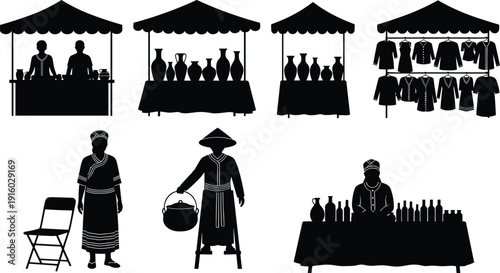 Street Market Stalls and Traditional Vendors Silhouettes Black and White Vector Illustration Set Outdoor Bazaar Collection