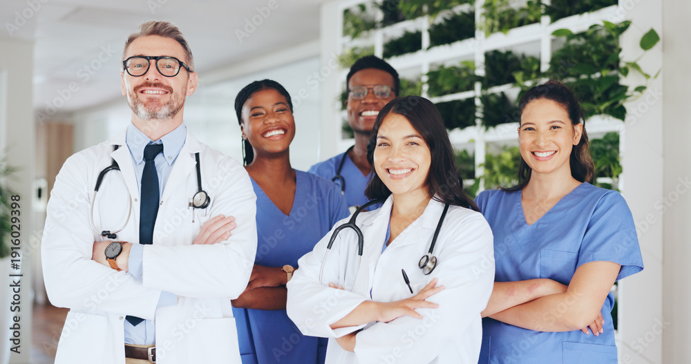 Fototapeta premium Medical, team and happy with arms crossed in clinic for health support, career pride and about us. People, doctors and nurses with group portrait in hospital for healthcare integrity, trust and smile