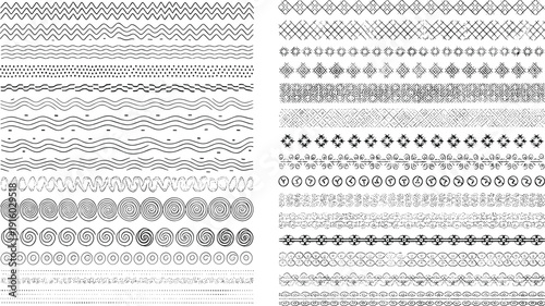Set of decorative pattern brushes and ornamental borders with geometric wavy and tribal designs for creative projects cad drawing flat vector illustration