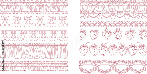 Set of decorative ruffle borders with cherries strawberries and bows including lace edgings and frills cad drawing flat vector illustration isolated