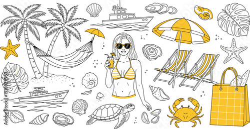 Summer beach vacation icons set with palm trees woman in bikini hammock boat sea shells and crab cad drawing flat vector illustration