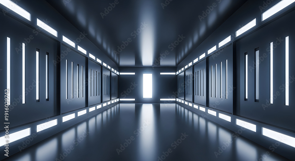 Fototapeta premium Futuristic corridor with sleek metallic walls and ceiling lights