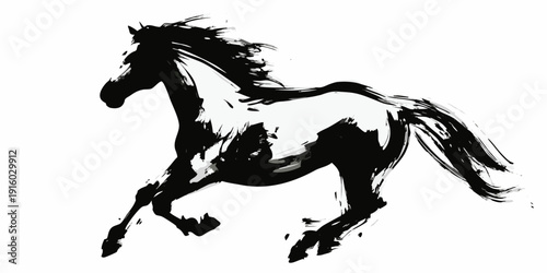 Dynamic black and white illustration of a horse in mid gallop