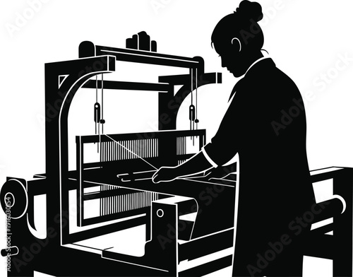 Silhouette of a woman operating a traditional loom, weaving fabric with yarn and threads in a clean vector illustration.