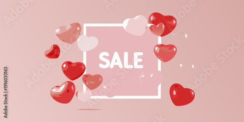 A sale announcement featuring floating red and white hearts around a square frame