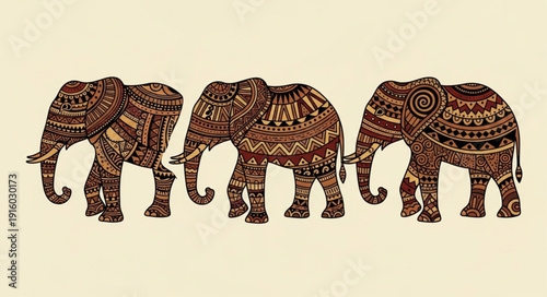 Three ornate elephants walking in a line with intricate patterns.