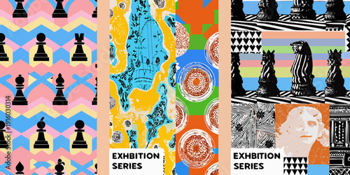 Abstract art featuring chess pieces patterns and exhibition text