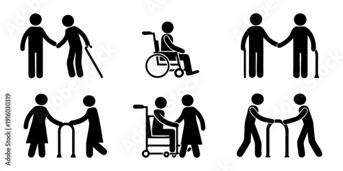 Diverse group of people assisting each other with mobility aids