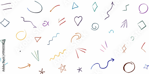 Colorful scribbles and simple geometric shapes scattered on a white background