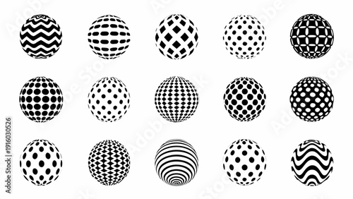 Arrangement of twelve black and white spherical patterns on a white background