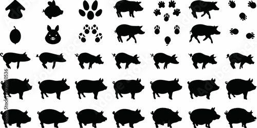 Collection of black silhouettes depicting various pig poses and related elements