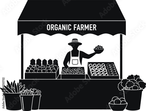 Organic farmer standing at a market stall filled with fresh produce like fruits and vegetables, selling goods.